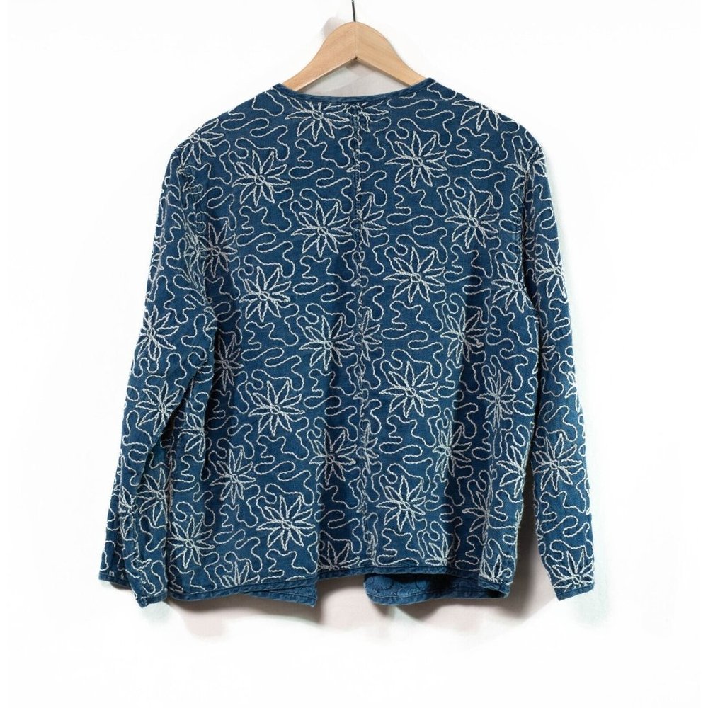 Chico’s L Linen Jacket‎ Blue Floral Embroidered Open Front Pockets Lagenlook - Picture 2 of 5